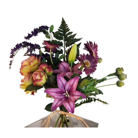 Artificial Wedding Bouquet Purple Lilies Yellow Roses Rustic Event Decor - Picture 4 of 10